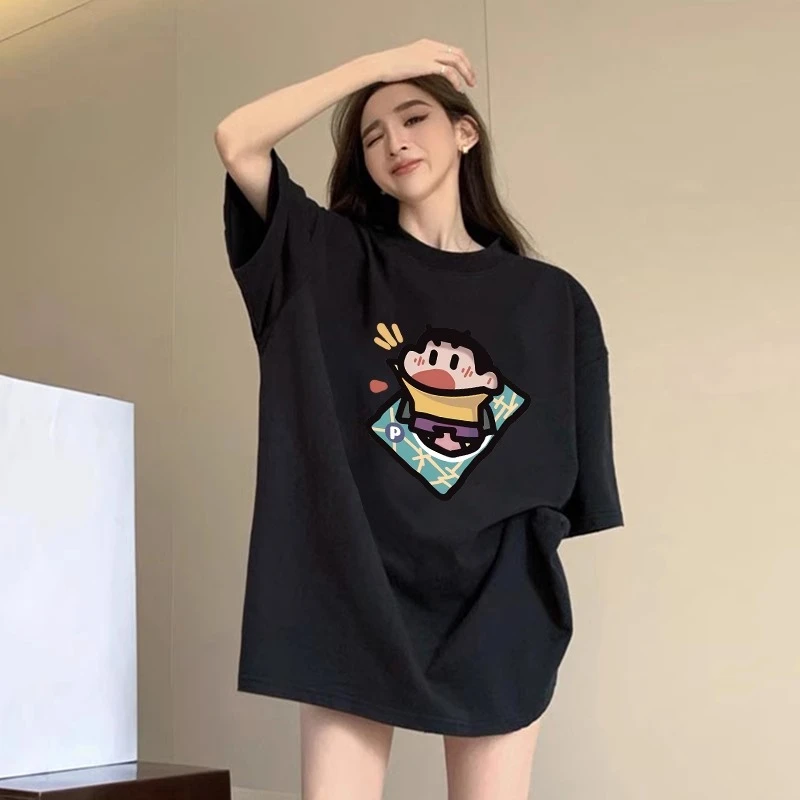 韩版t恤黑色2025春夏新款纯棉短袖T恤女宽松慵懒风松弛感上衣ins