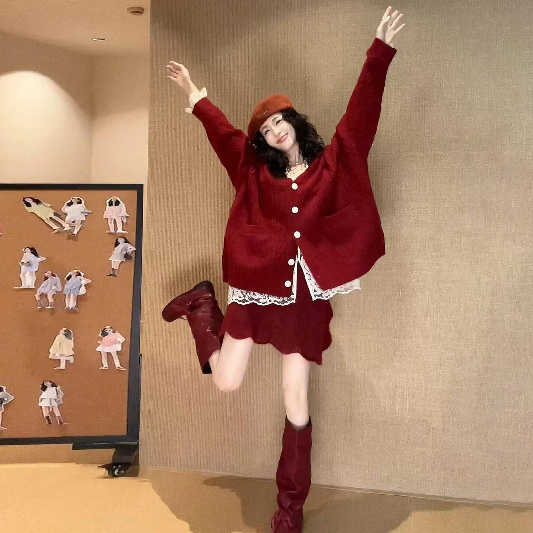 韩系复古针织毛衣红色套装裙高级感内搭巨好看的秋冬装一整套9076