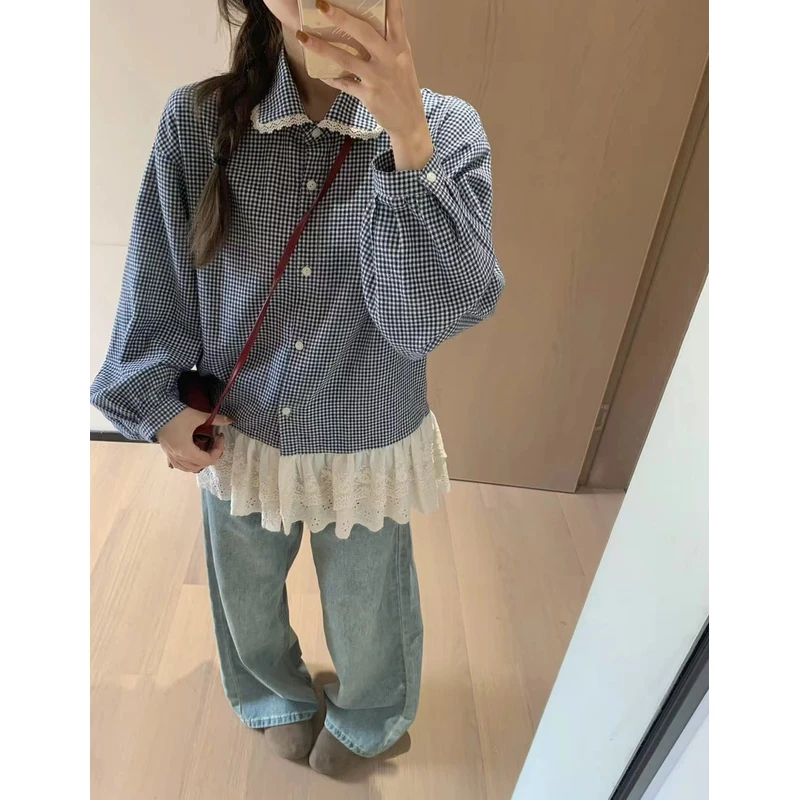 韩11复古文艺拼接花边千鸟格子衬衫百搭蕾丝花边长款衬衫