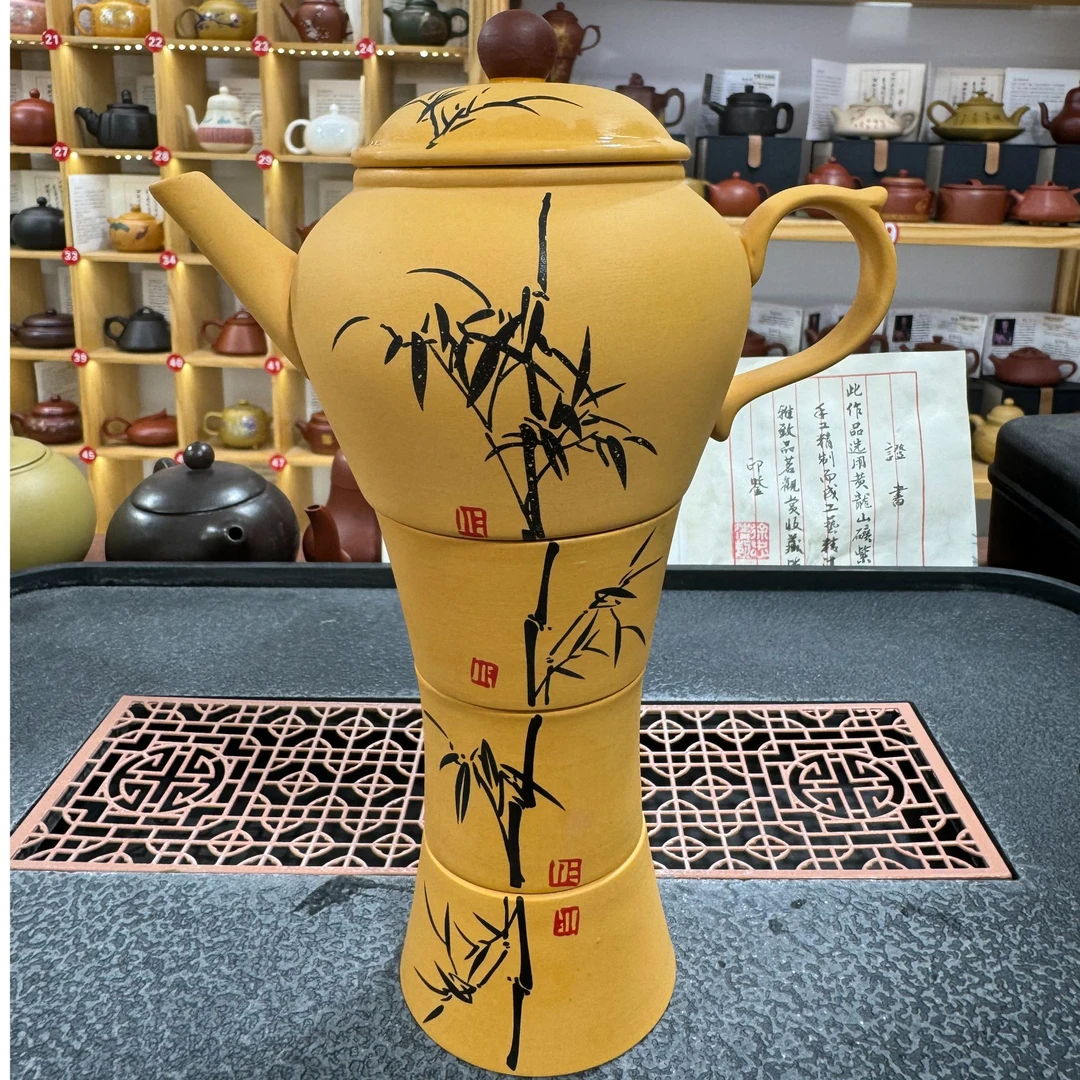 原矿黄段竹紫砂水平壶200cc一壶三杯