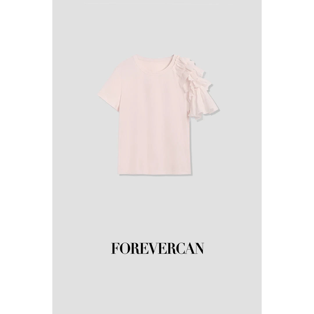 FOREVERCAN“樱夏”设计感不规则荷叶边短袖上衣T恤 ST18802