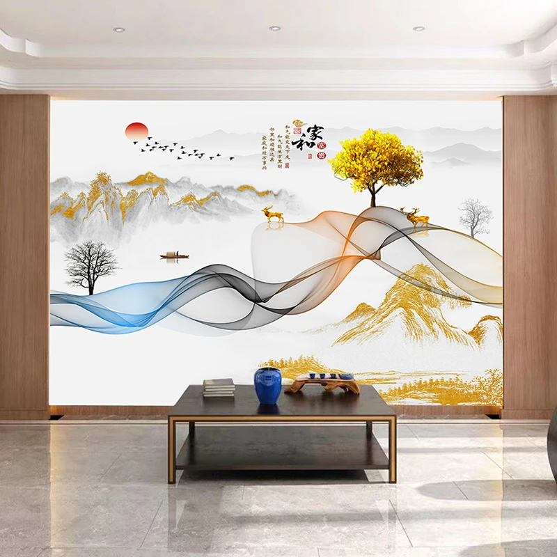 新中式电视背景墙纸现代简约客厅影视墙线条壁画壁画沙发背景墙布