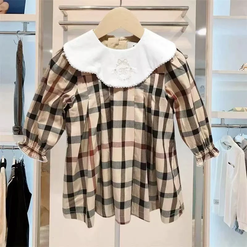 韩国童装新款上新儿童格子大领子连衣裙12028