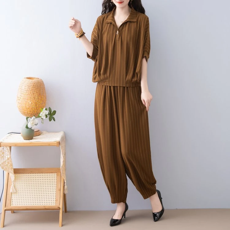 大码宽松显瘦两件套2025夏季新款中年妈妈装洋气百搭短袖上衣套装