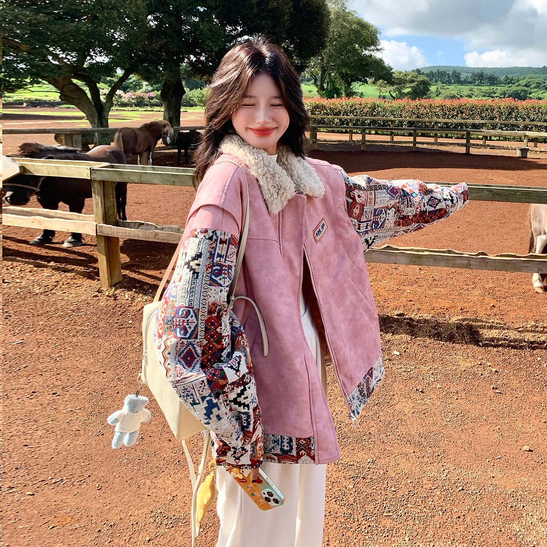 国风印花拼接皮毛一体派克棉服外套女冬季设计感加绒加厚洋气棉袄