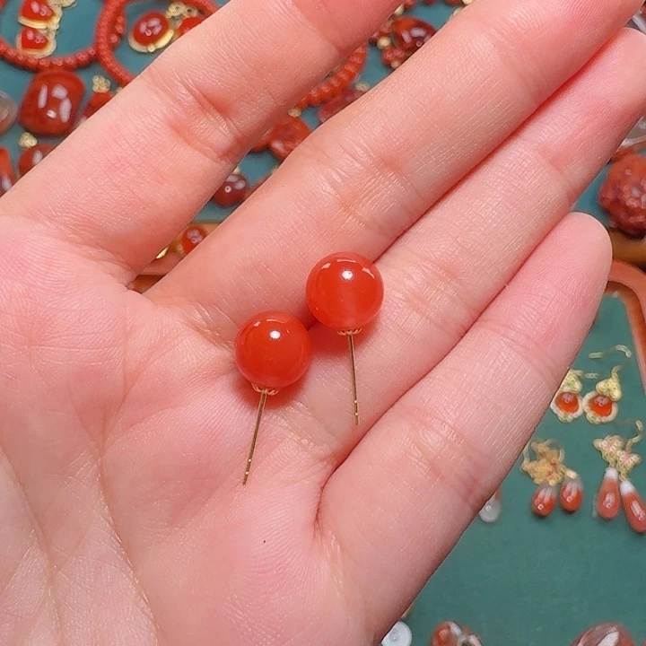 南红玛瑙18K金镶嵌耳饰9