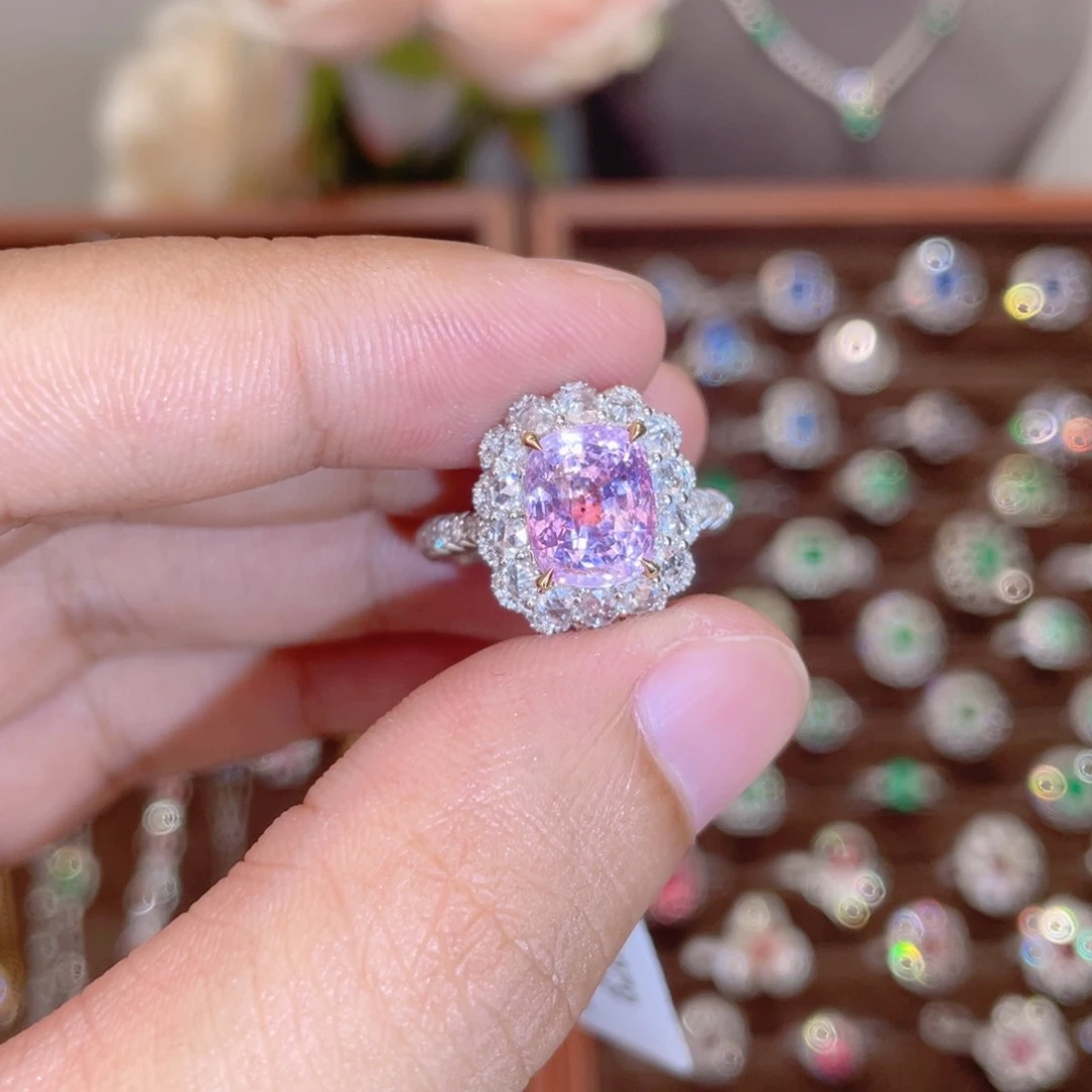 彩色蓝宝石戒指18K金镶嵌4.52ct 无烧帕帕