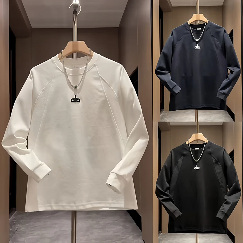 秋季新款刺绣拼接圆领卫衣男简约时尚宽松休闲百搭薄款长袖打底衫
