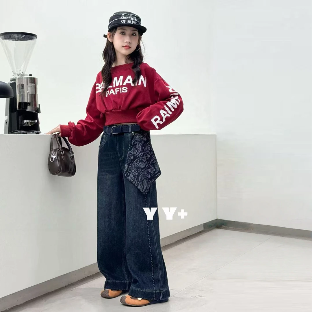 2025女童加绒牛仔裤秋冬新款中大童弹力喇叭裤韩系拖地裤长裤冬装