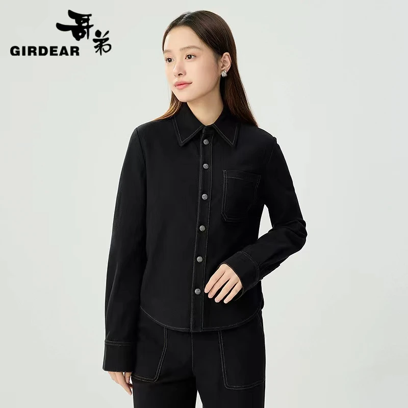GIRDEAR/哥弟新时尚简约百搭明线宽松显瘦弹性牛仔长袖衬衫130029