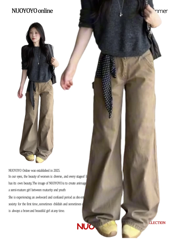 美式多口袋工装裤子女款爆款2025新款复古休闲阔腿直筒微喇牛仔裤