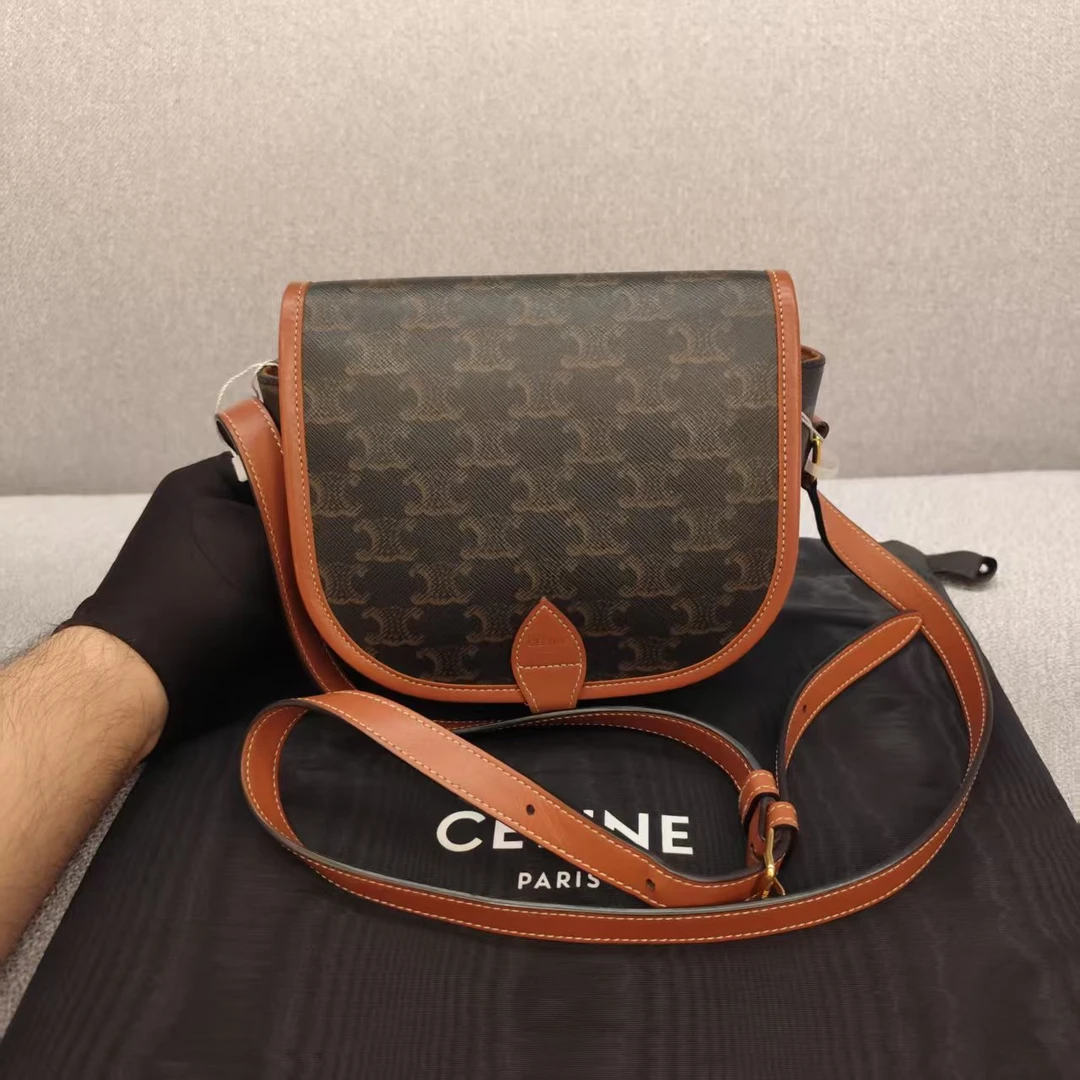 95新 Celine/思琳 老花拼棕马鞍包/经典凯旋门满印图案