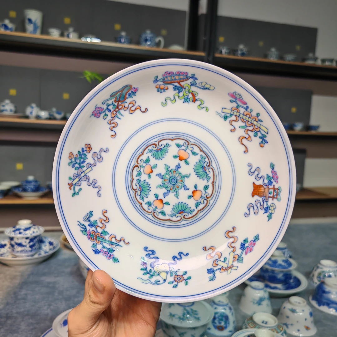 明逸堂手绘陶瓷｜斗彩八宝壶承｜17.5cm直径3.5cm高度纯手工养壶