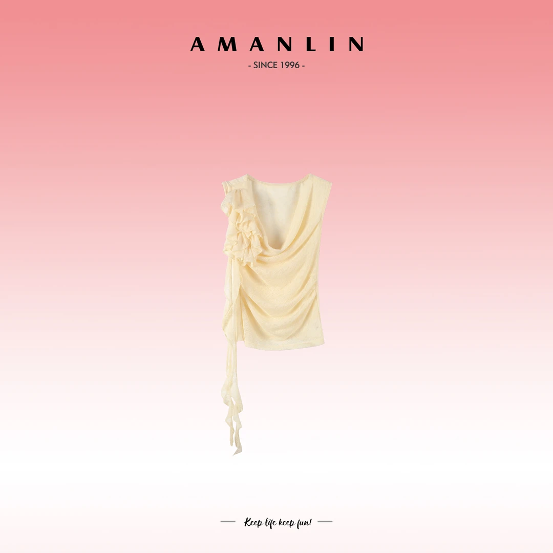 AMANLIN/阿谩琳欧若风高级感百搭小众推推领无袖短款上衣Y596013