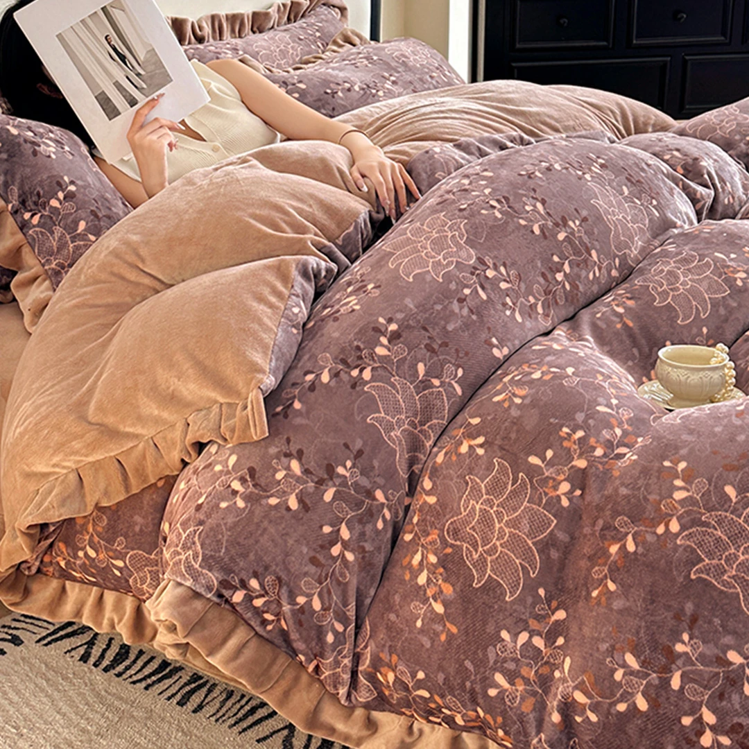 LUYEWEGER花边牛奶绒四件套新款冬季双面加厚法兰珊瑚绒被套床单