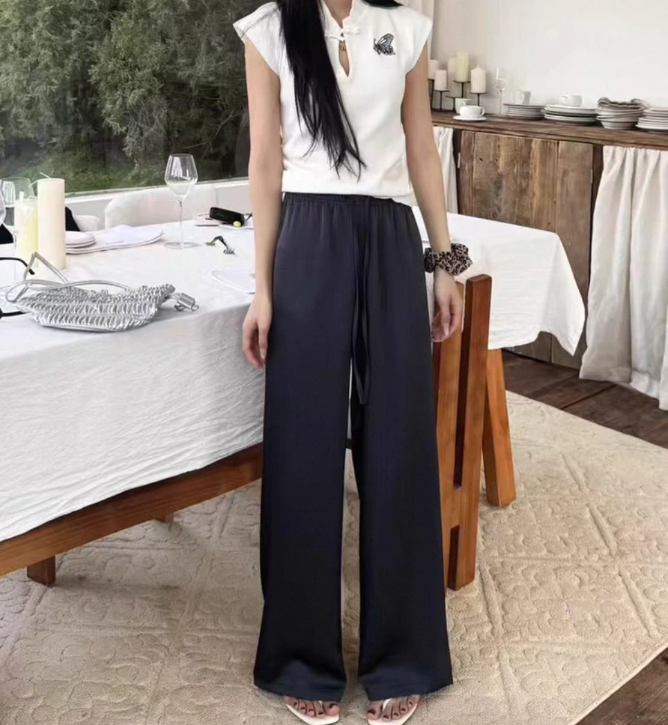 【岳姐姐】夏季醋酸手抓花直筒裤薄款垂感高腰显瘦休闲阔腿裤女826