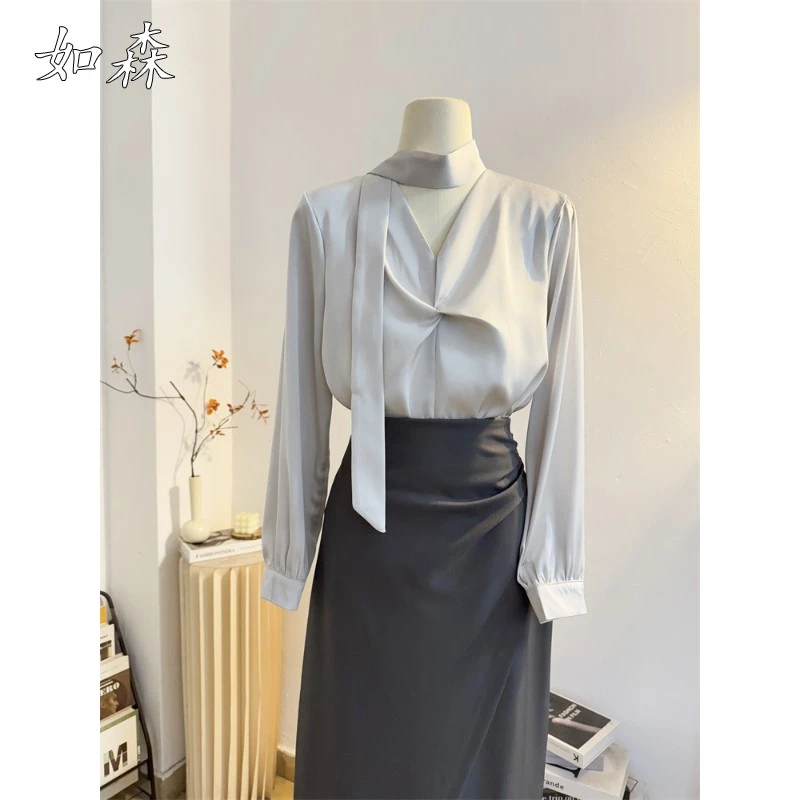 法式褶皱V领缎面衬衫女长袖2025春季通勤气质飘带衬衣高级感上衣