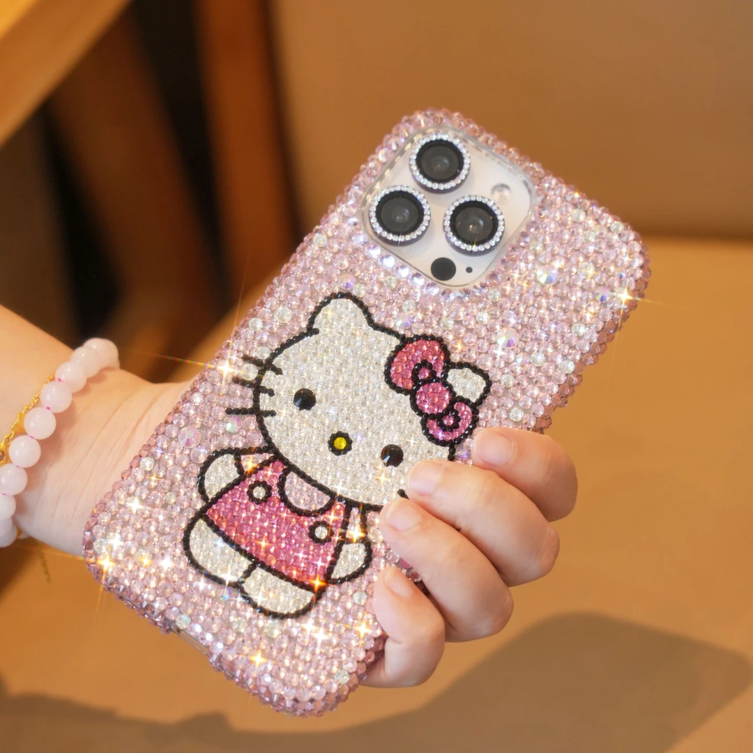 懒懒同款满钻Hello Kity手机壳纯手工贴钻KT猫适用于苹果16promax