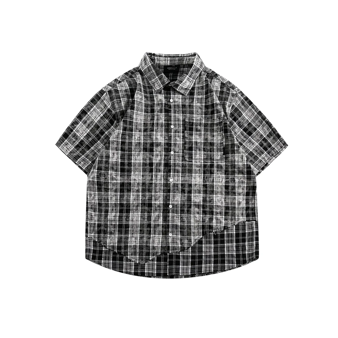 日系复古宽松日系格子休闲短袖衬衫男女夏季-CS29