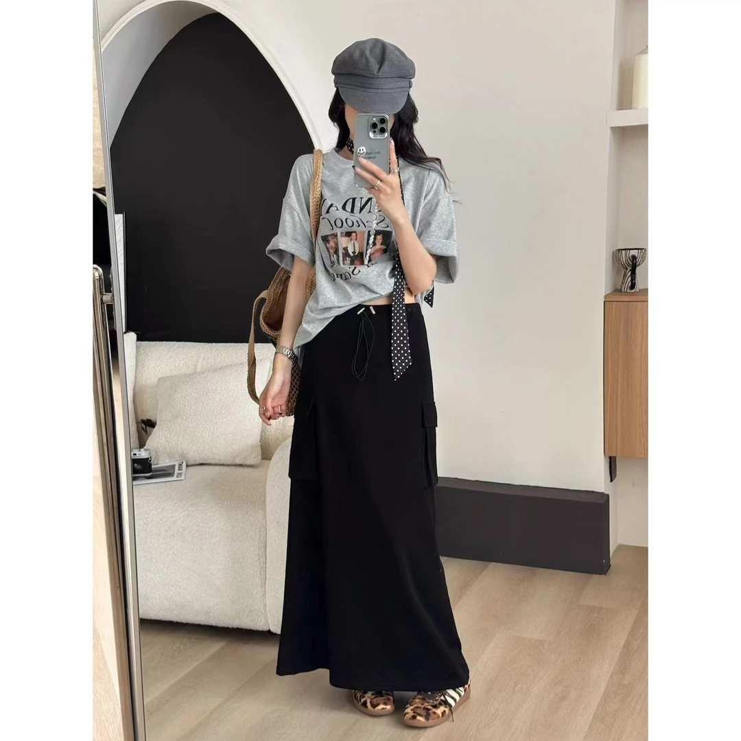 SP设计师款大口袋休闲半身卫衣裙工装裙休闲卫裙气质显瘦黑色夏季