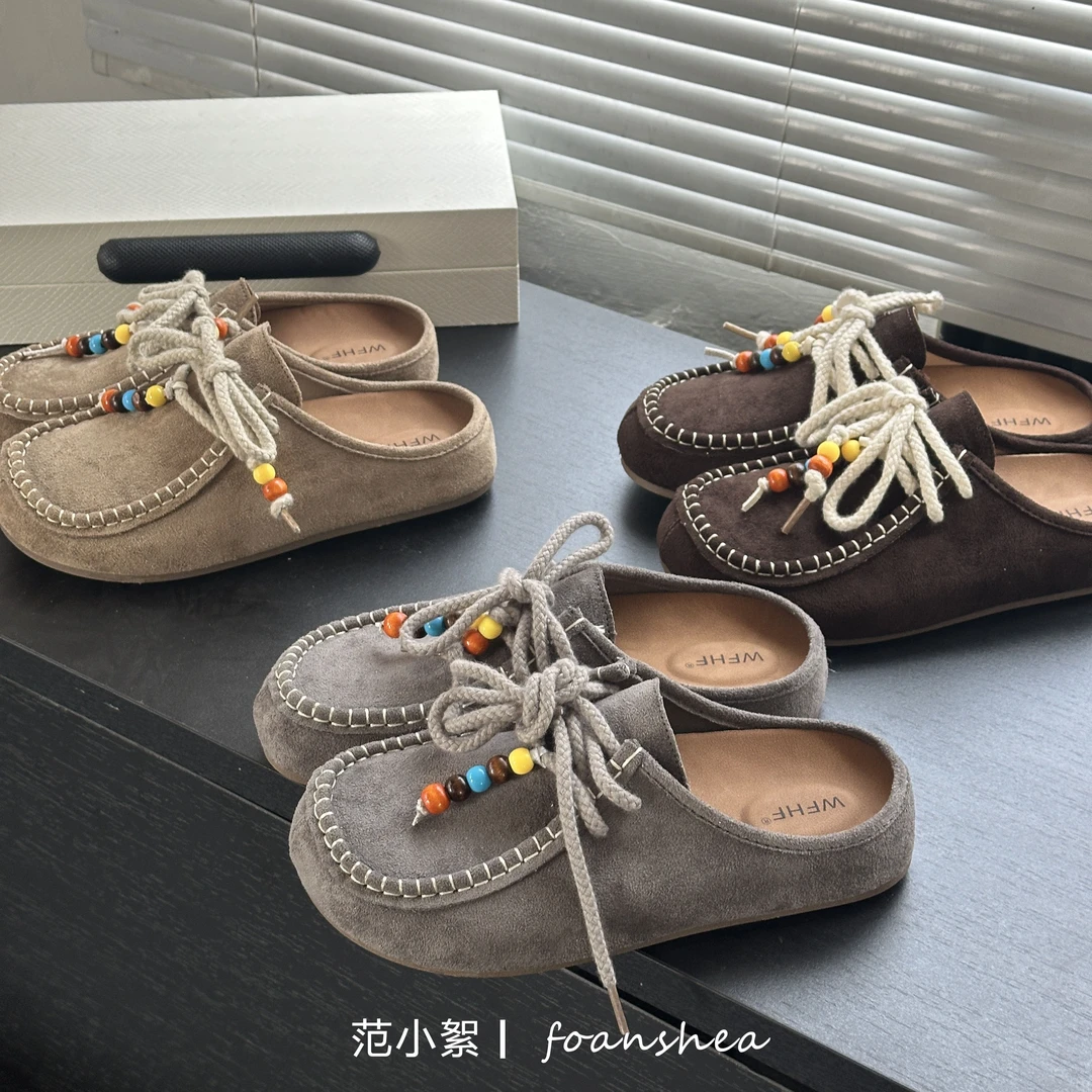 包头透气复古休闲风纯色包头拖日常时尚串珠夏季软低勃肯拖鞋