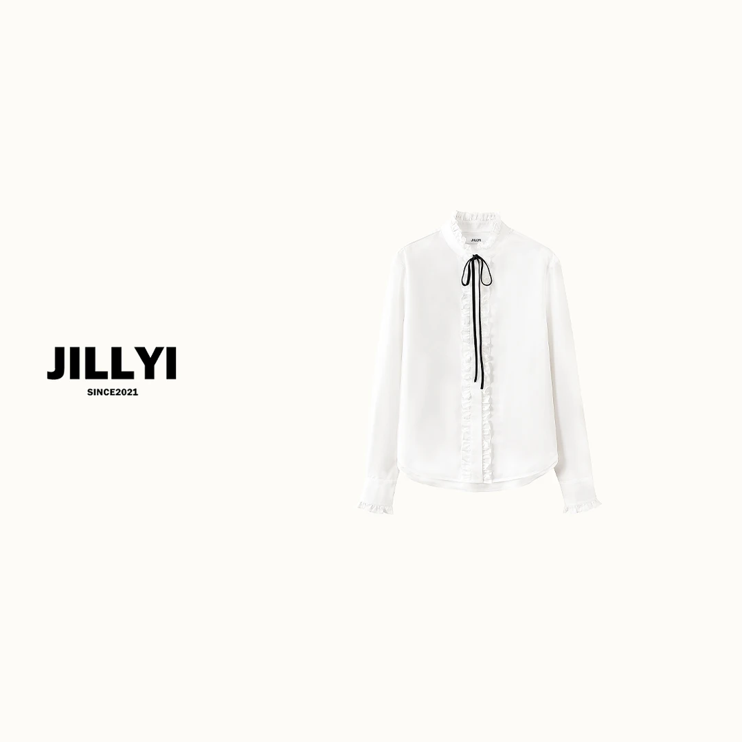 JILLYI南山店【纯白微风】春夏法式少女风褶皱木耳边纯白长袖衬衫