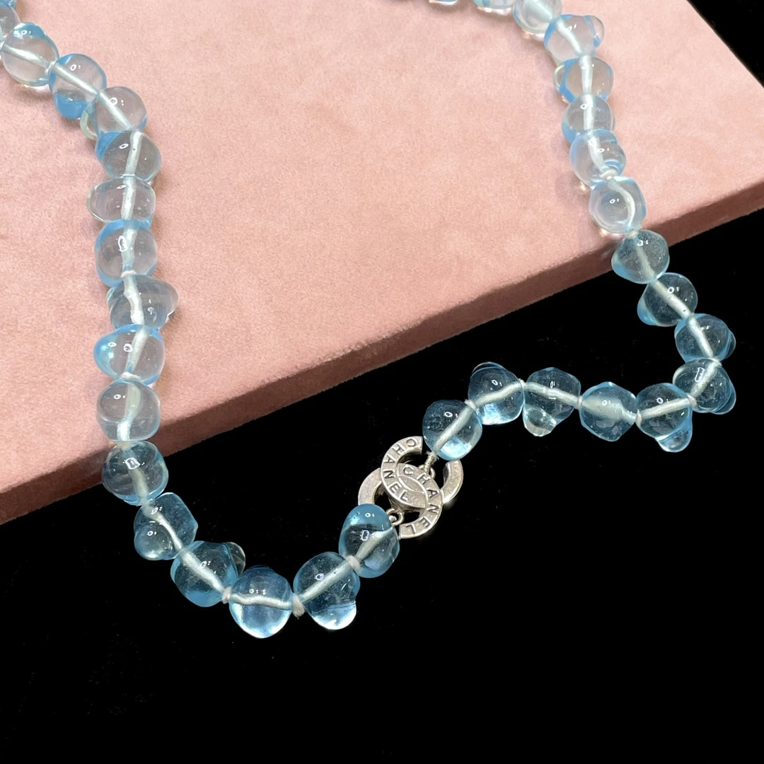 95新 Chanel/香奈儿 冰蓝琉璃银色字母双C长项链 2402240 （尾款）