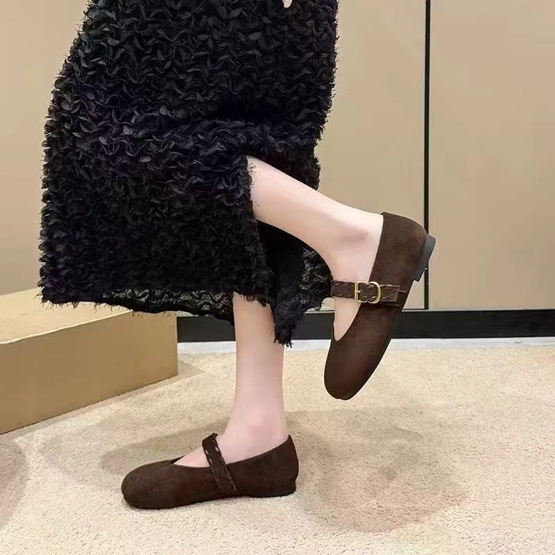 708-1法式绒面玛丽珍鞋单鞋新款舒适软底一字扣豆豆鞋女