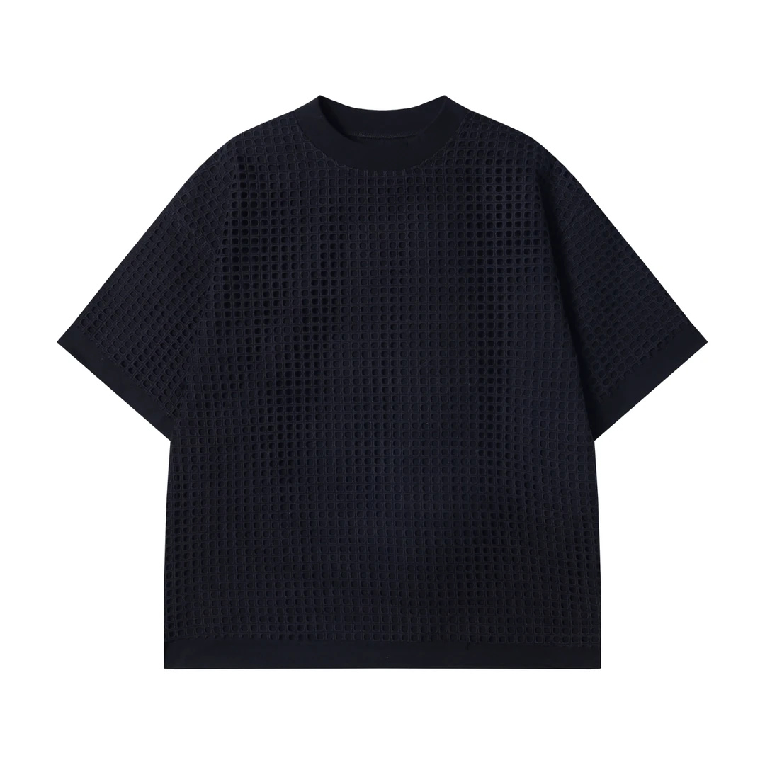 夏季高级感新款美式破洞格子纯色圆领短袖T恤痞帅百搭潮流上衣