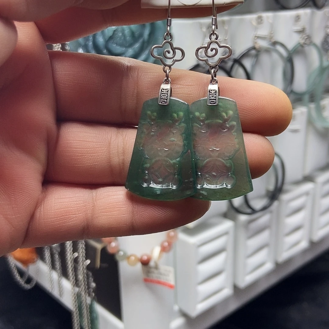 河***）翡翠银S925镶嵌耳饰