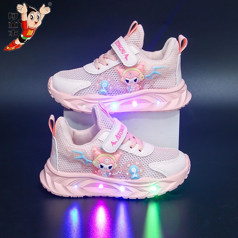 亮灯春秋网鞋女童运动鞋透气公主户外休闲鞋中小童女童软底跑步鞋