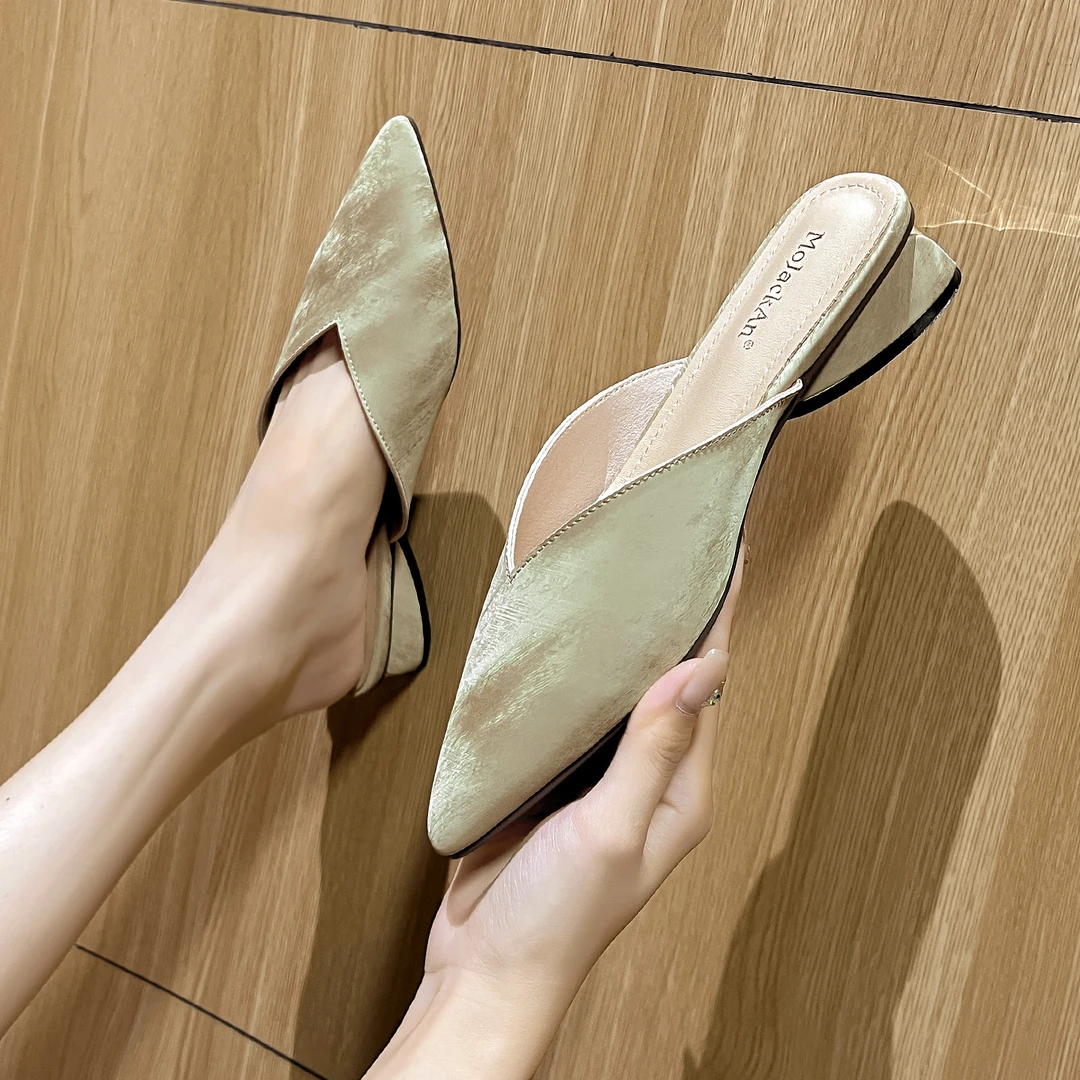 羊皮版流光新中式国风2025新款百搭尖头包头半拖鞋外穿穆勒鞋凉拖