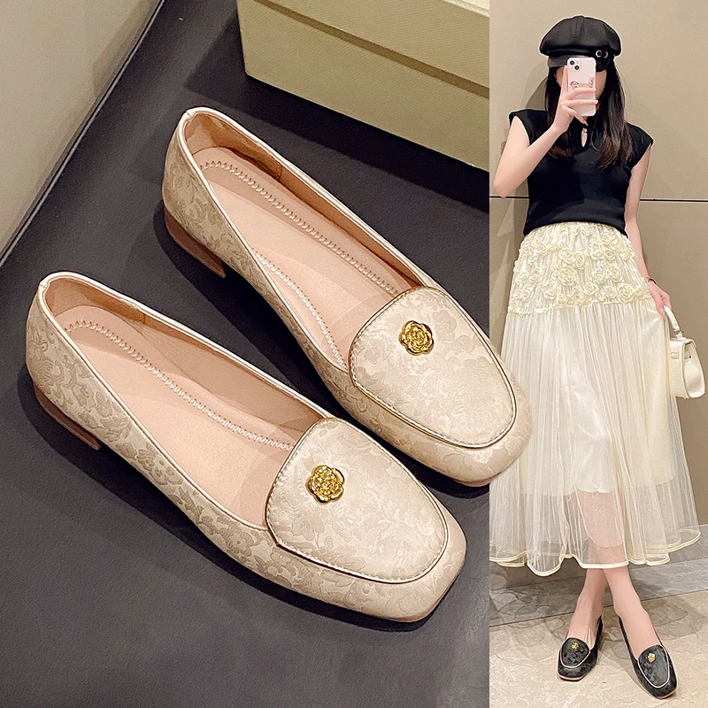 【粉丝专享】2025真皮新国风浅口时尚耐磨平底方头时尚女鞋F55