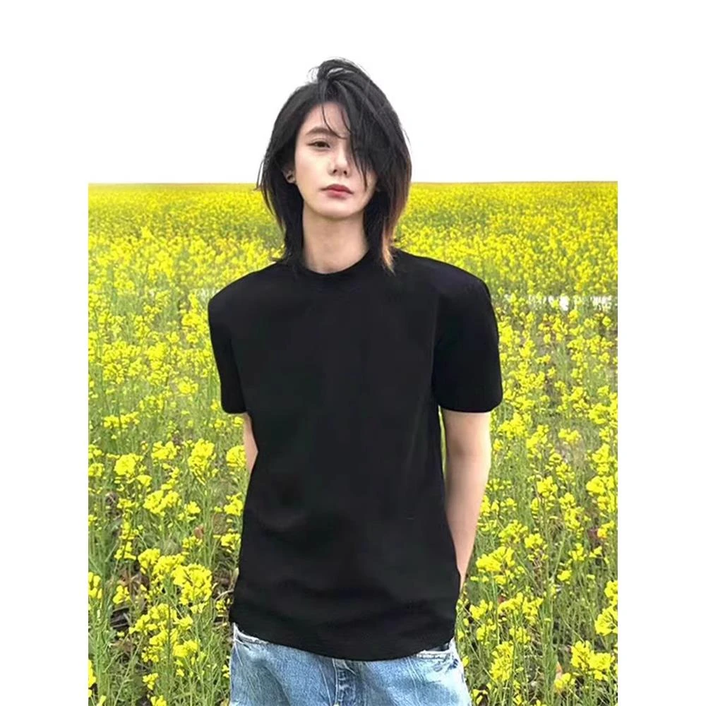 黑色新疆长绒棉t恤男款夏季300g重磅正肩短袖美式高街痞帅半截袖