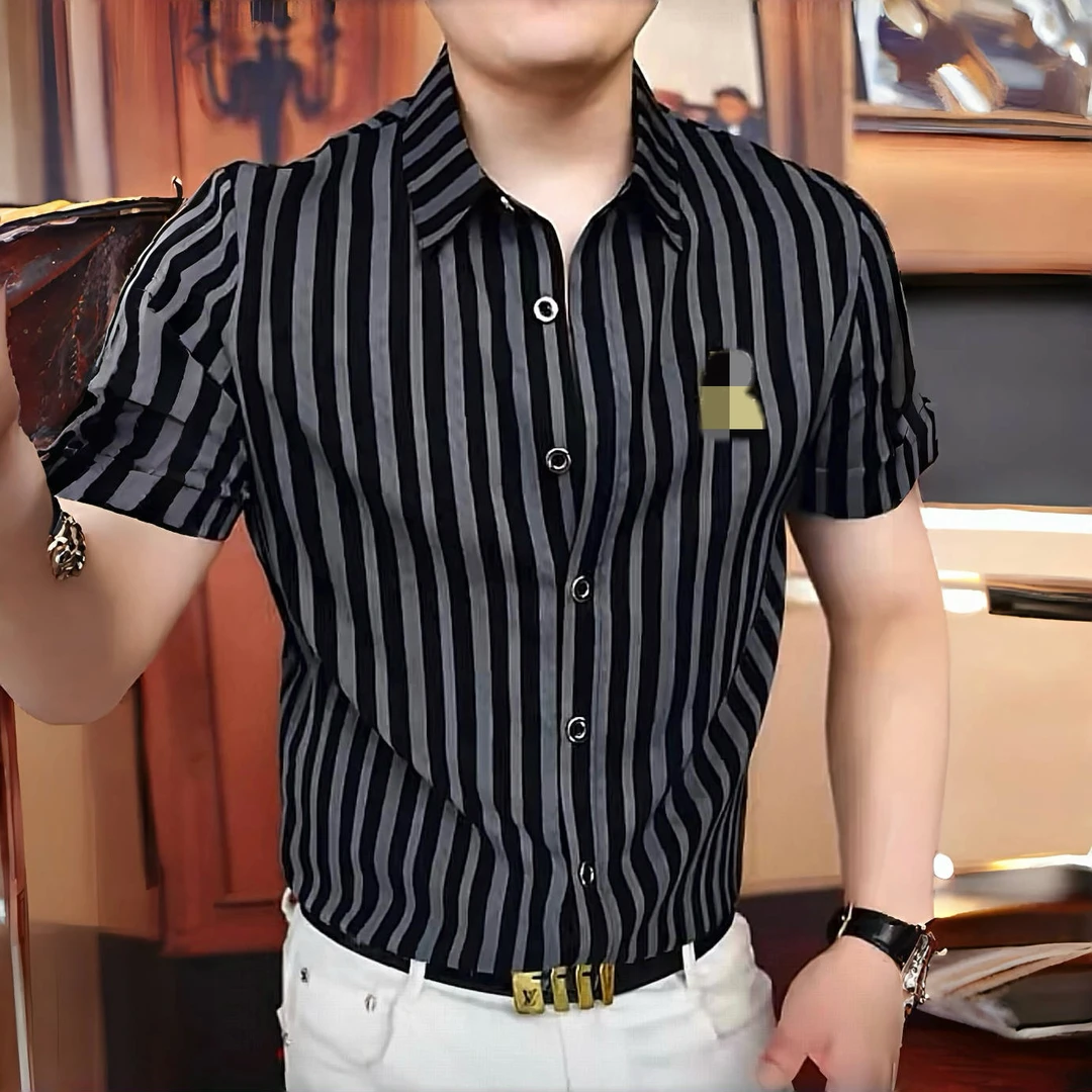 《灰调线影》2025夏衬衫潮流帅气商务时尚休闲个性男士修身翻领