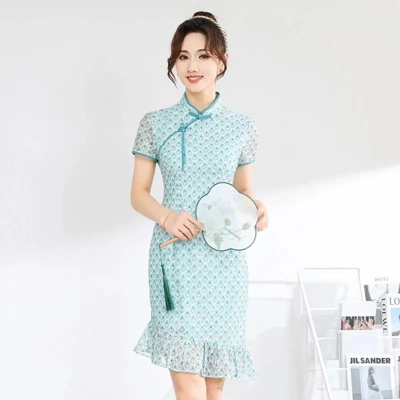 【W315蓝色改良款旗袍裙】女款显瘦气质时尚女士轻奢休闲百搭连衣裙