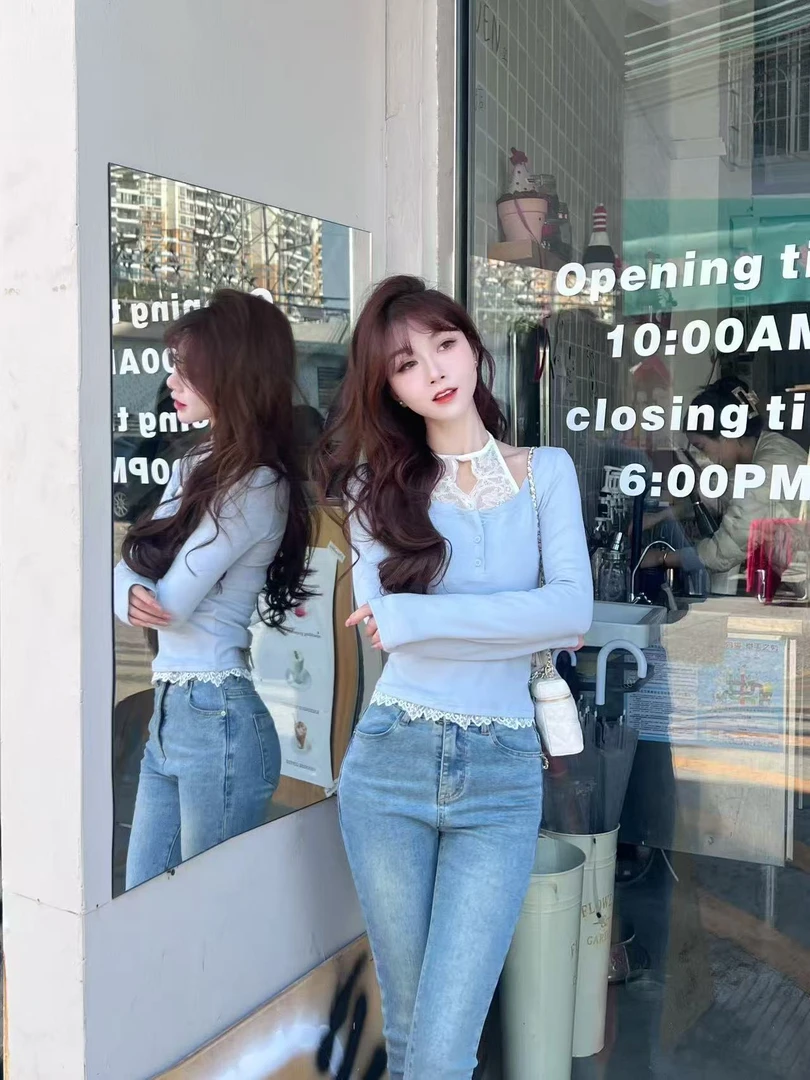 《花期如梦》设计感假两件蕾丝拼接挂脖T恤#8521