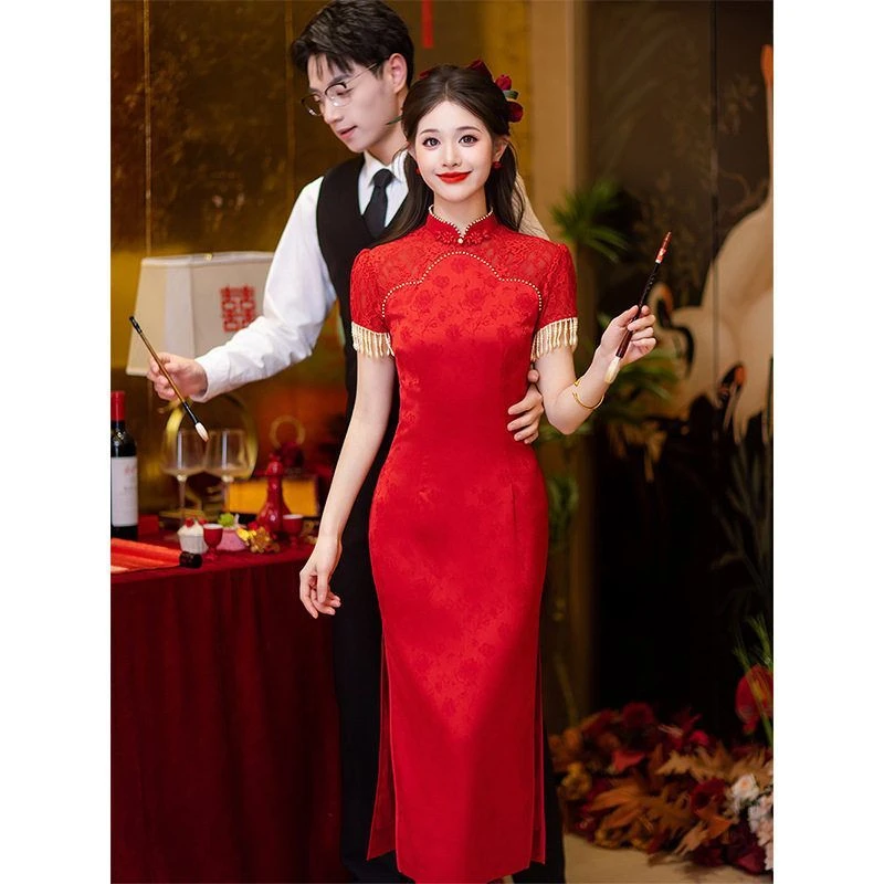 春夏新中式新娘结婚订婚长款旗袍中国风年轻款国潮红色敬酒礼服