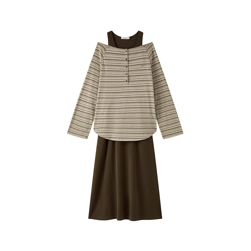 【茉舍】AVVENN 条纹斜肩长袖上衣长款连衣裙 AL7110168-1590