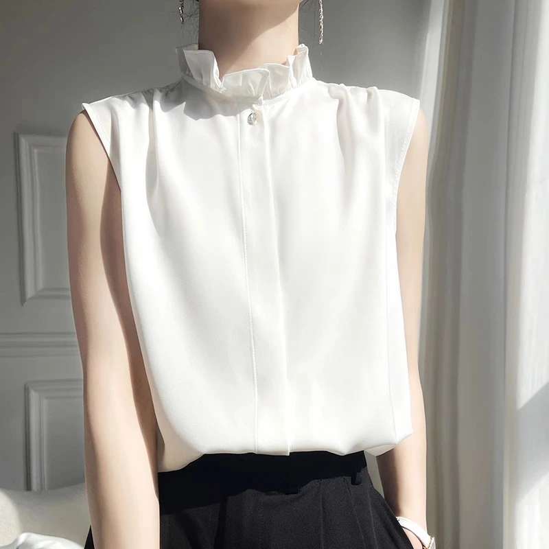 品质女装木耳花边无袖绸面百搭外穿夏季女背心打底洋气中国风女装