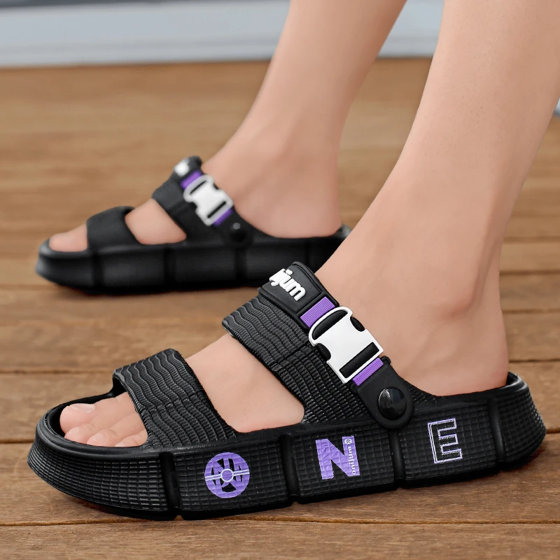 夏季男士厚底防滑透气印花休闲一字拖时尚男孩沙滩潮鞋