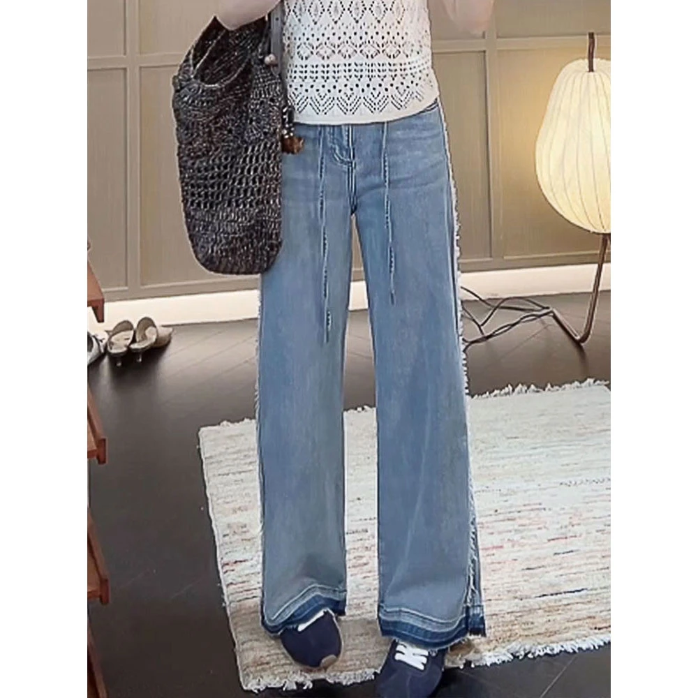 【MGDM】复古水洗时髦新款毛边牛仔裤女夏薄款宽松显高休闲直筒裤