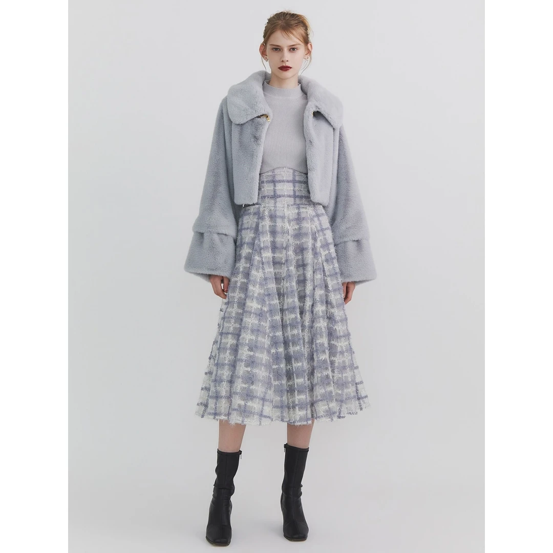 【MonTendre】D 春季上新 高腰植绒提花收腰系带格纹半身裙小香风