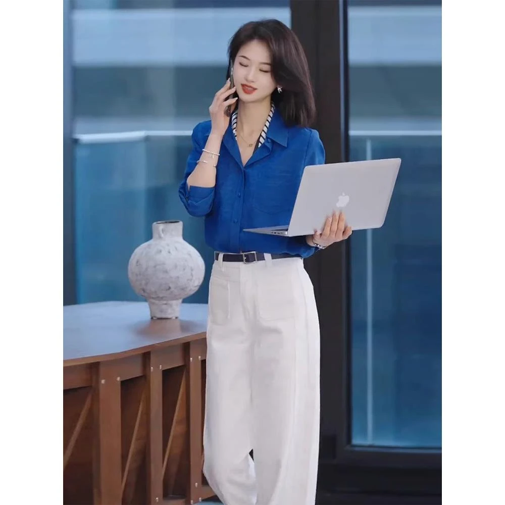 春季搭配一整套干练气质女神范轻奢高级感时尚通勤风蓝色衬衫套装