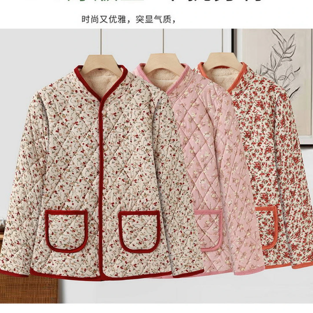 欧棉绒碎花立领拼色加绒棉袄
