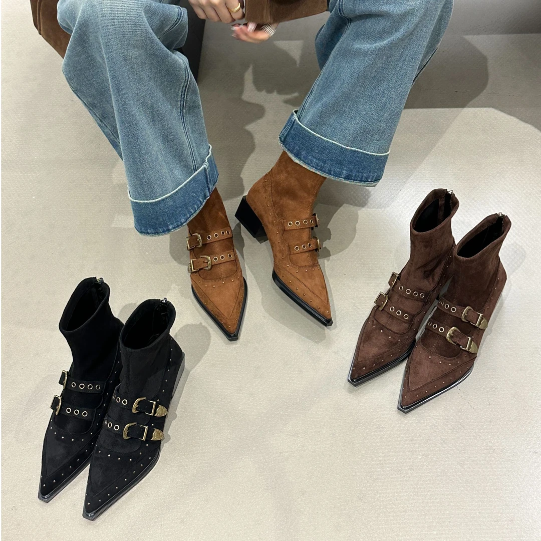 GUO-f6绒面尖头短靴女2025秋季新款粗跟性感切尔西靴时装靴女靴子