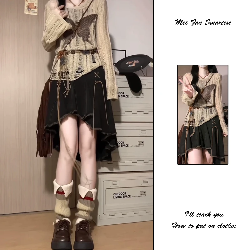 特大码甜辣不规则牛仔半身短裙女春秋2025年新款高腰荷叶边a字裙