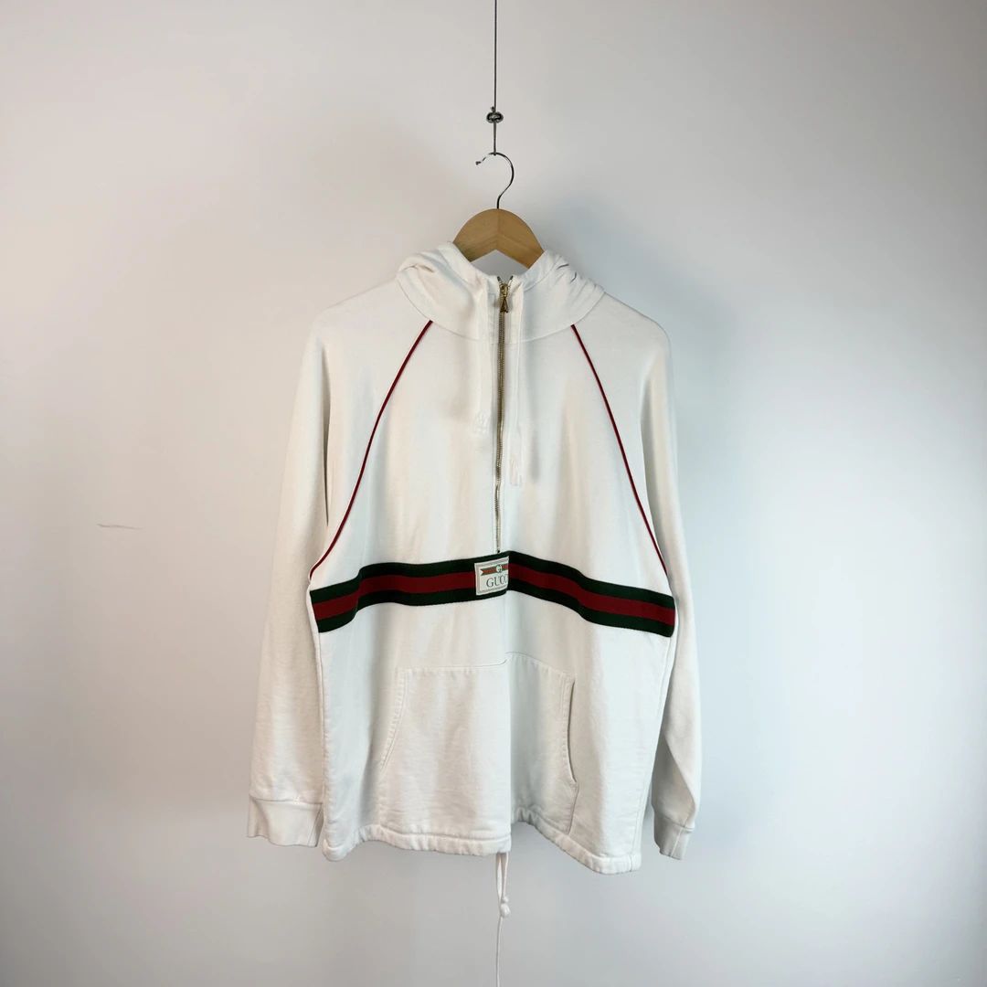 未使用 GUCCI/古驰 白色红绿条纹半拉链帽衫M码