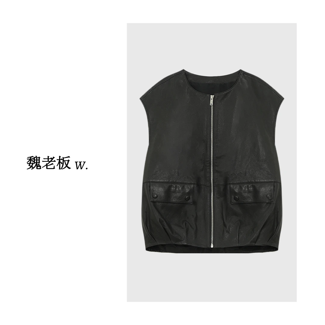 W.Diva【浮笺】100无涂植鞣羊皮时尚品质无袖拉链皮马甲3C2929208