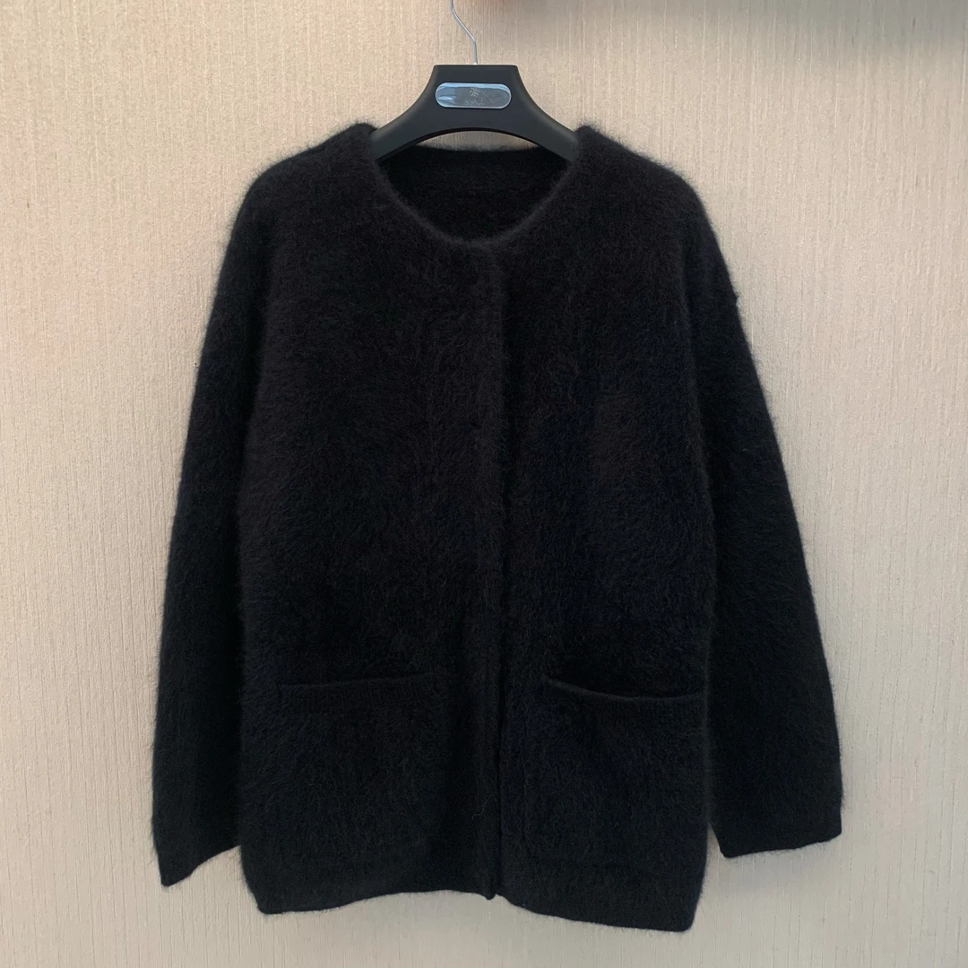 希娜 黑色短款箱型毛毛外套